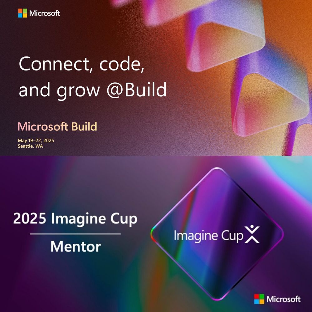 A Microsoft Build 2025 registration confirmation and a Microsoft Imagine Cup Mentor badge