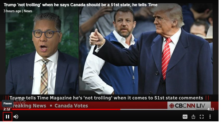 Split screen CBCNN screenshot with a reporter and a picture of Trump. Headlined: Trump "not trolling when he says Canada should be a 51st state, he tells Time.