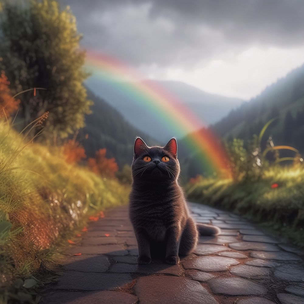 Katze sitzt auf einem gepflasterten Weg, hinter ihr ein Regenbogen