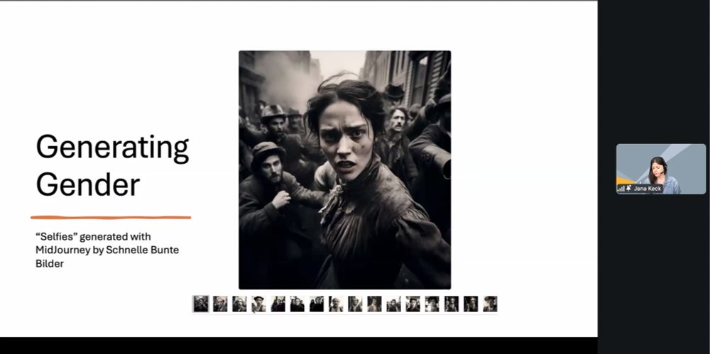 Slide says Generating Gender: "Selfies" generated with Midjourney by Schnelle Bunte Bilder, and shows a picture of a woman looking at the camera in distress with people in the background also in distress, between train cars.