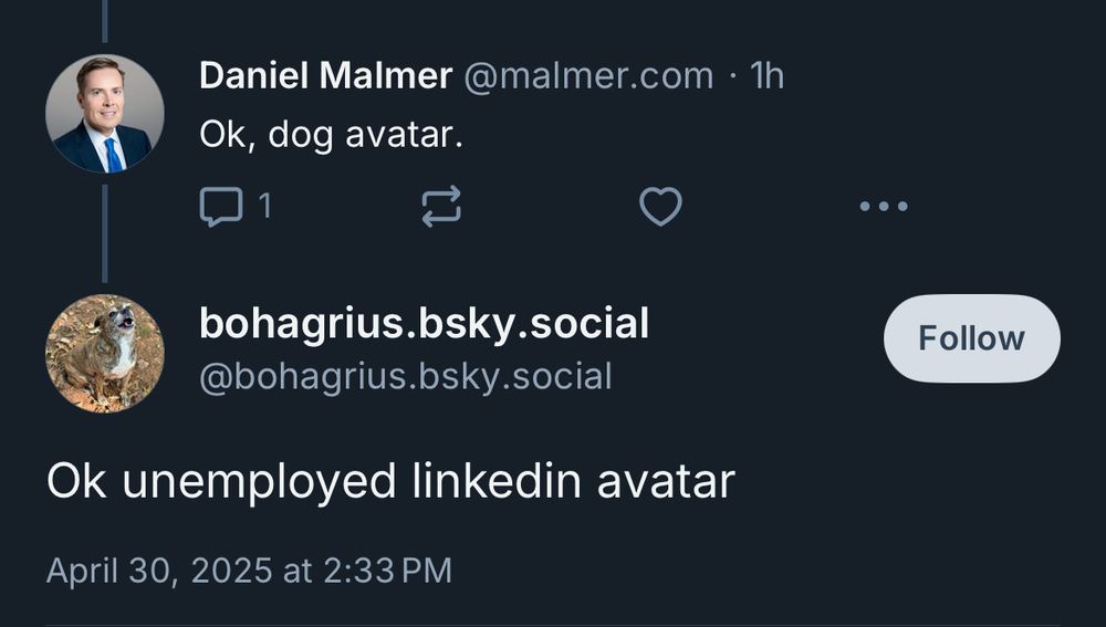 Daniel Malmer@malmer.com • 1h
Ok, dog avatar.

bohagrius.bsky.social
@bohagrius.bsky.social
Ok unemployed linkedin avatar
April 30, 2025 at 2:33 PM

