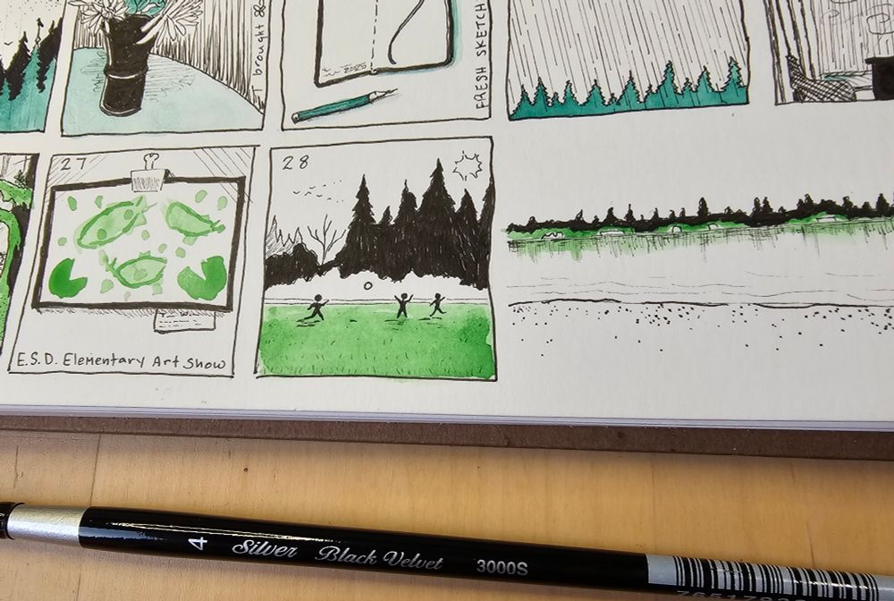 A closeup of February 27-28. The days depict an art show attended for my child, and a scene of children playing outside on a sunny day. There is a partial landscape of a lake at the end.