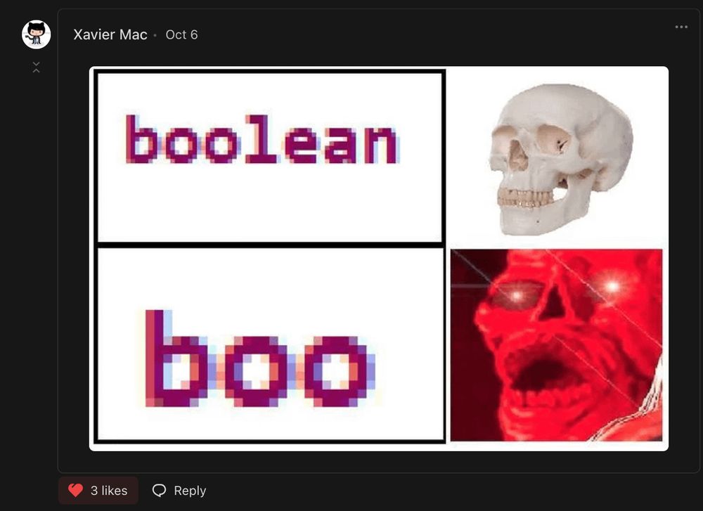 A meme that reads "boolean" next to a picture of a normal human skull. Below it reads "boo" next to a picture of a screaming red skull with glowing eyes.