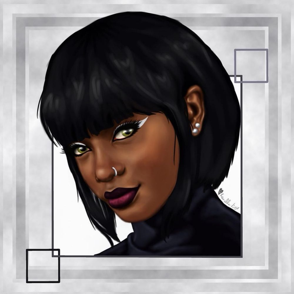 A digitally-painted portrait of a Black woman with green eyes and a black bob haircut, positioned on a silvery background. She’s wearing a black turtleneck, has a silver nose ring and two silver earrings, and is wearing plum lipstick and black and white eye makeup. 