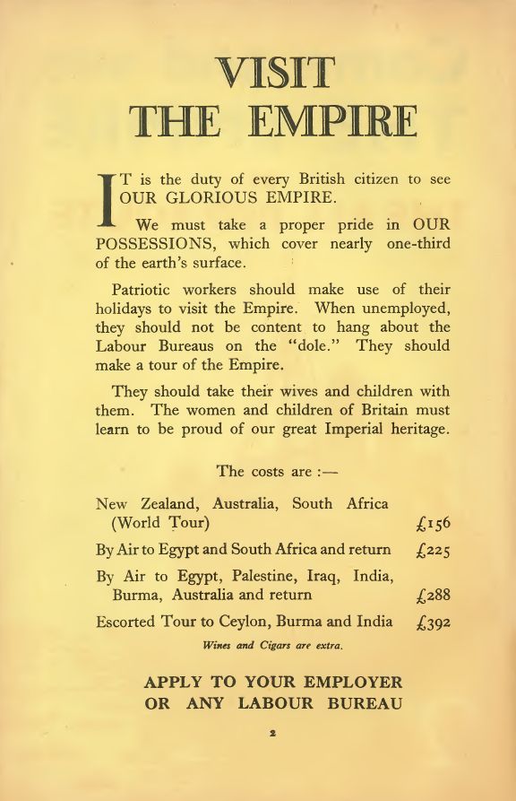 Page 1 of the 1938 satirical & critical pamphlet entitled 'Come and see The Empire by The All Re Route', produced by the Workers' Empire Exhibition Committee organised locally in Glasgow by the Independent Labour Party. Source: Archive.org