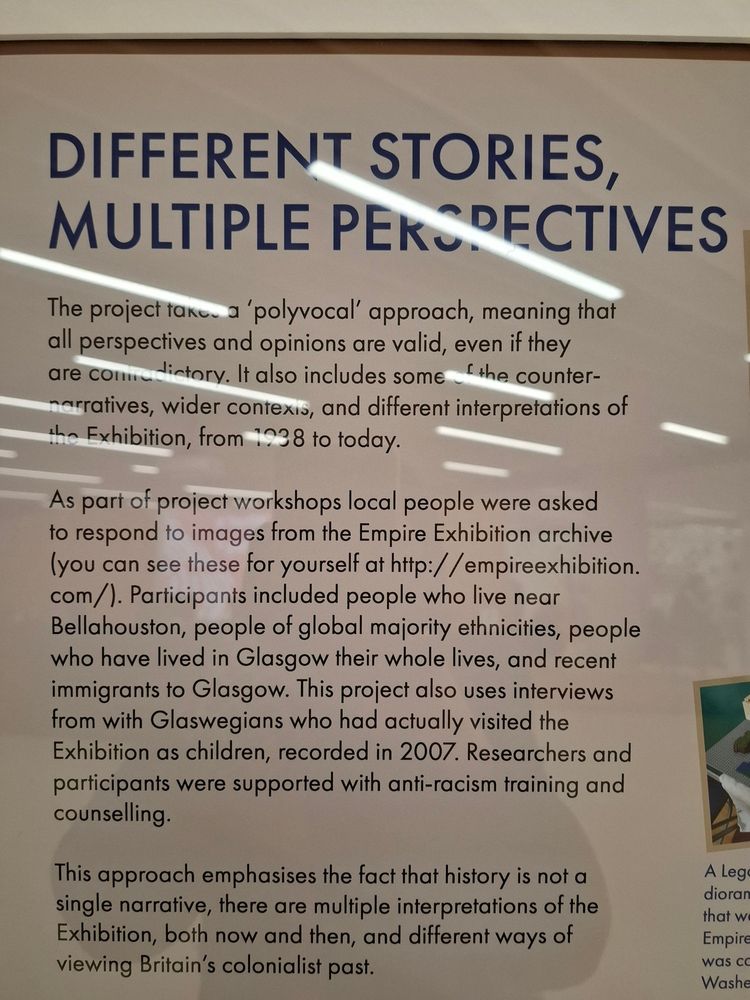 Section of a display panel titled 'Different Stories, Multiple Perspectives' outlining the polyvocal approach the Empire Retold project took to both collating interviews and quotes from members of the Glasgow community who took part in project workshops, as well as in their historical research.