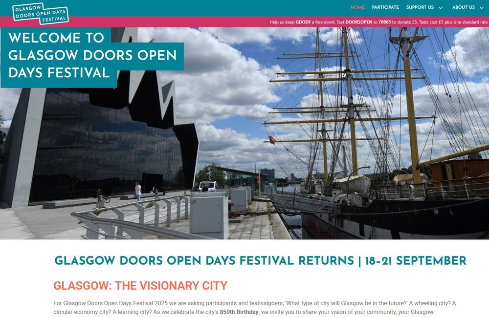 Screenshot of the Glasgow Doors Open Days Festival website homepage announcing their 2025 theme: 'The Visionary City' and featuring a photograph of the Glasgow Riverside Museum of Transport and Technology and The Tall Ship Glenlee next to it on the river Clyde.