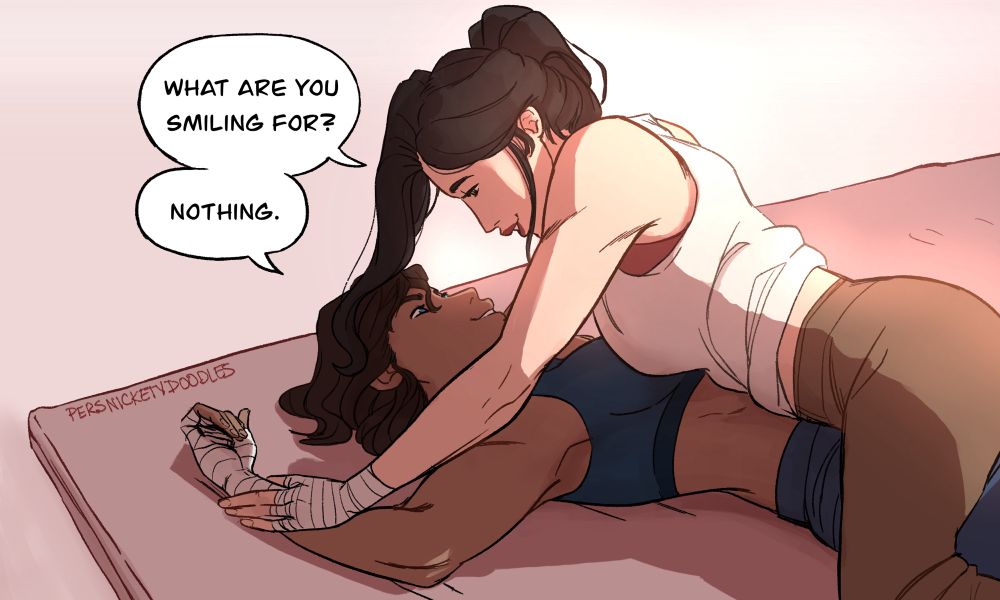 This second image, the angle is a bit closer and Asami asks Korra, “What are you smiling for?”
Then, a smiling Korra responds with, “Nothing.”