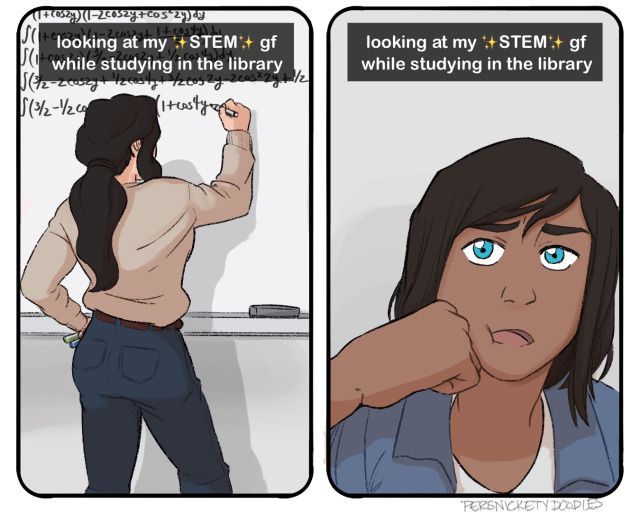 In the left photo, the camera switches to Asami solving an integral equation on the board. In the right photo, Korra looks a little shocked.