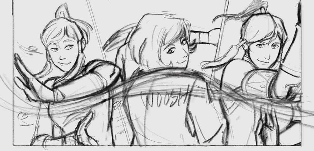 Cropped sketch of three comic panels. In the first panel, Korra is airbending with a smirk. The second panel shows Opal Beifong looking back with a smile while airbending. In the final panel, Korra’s arms shift while she still airbends.