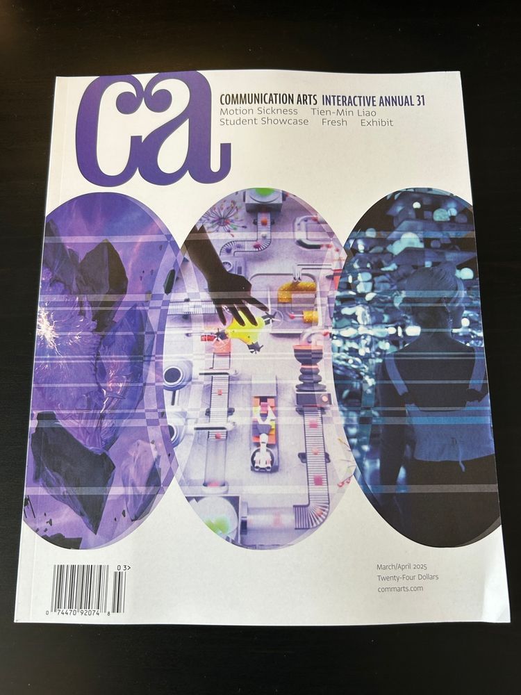 Communication Arts - Interactive Annual #31

White background over which three purple-tinted ovals show different digital experiences: one looks like a big crystal, another one a hand hovering over a vietual conveyor belt, and the last one a woman from the back in what seems like an installation.
