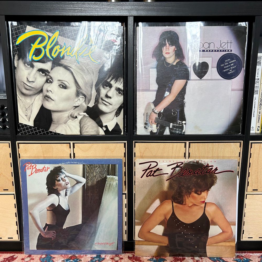 Record sleeves in a grid, from top left to bottom right:
- Blondie - Eat to the Beat (1979)
- Joan Jett - Bad Reputation (1980)
- Pat Benatar - In the Heat of the Night (1979)
- Pat Benatar - Crimes of Passion (1980)