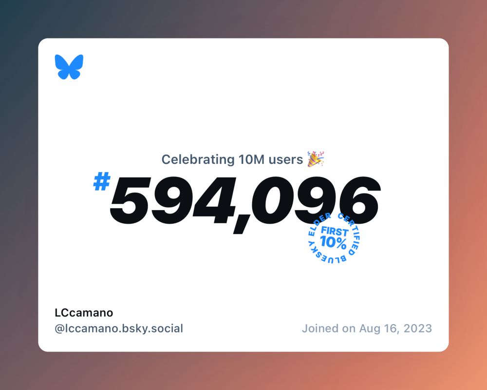 A virtual certificate with text "Celebrating 10M users on Bluesky, #594,096, LCcamano ‪@lccamano.bsky.social‬, joined on Aug 16, 2023"