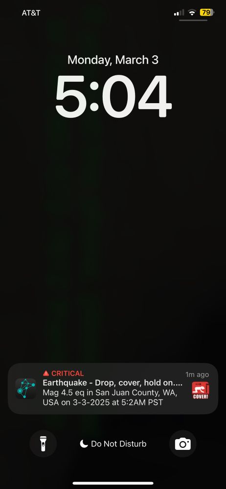 This is a screenshot from my iPhone just now showing the earthquake notification from my CSEM app. Magnitude 4.5. 