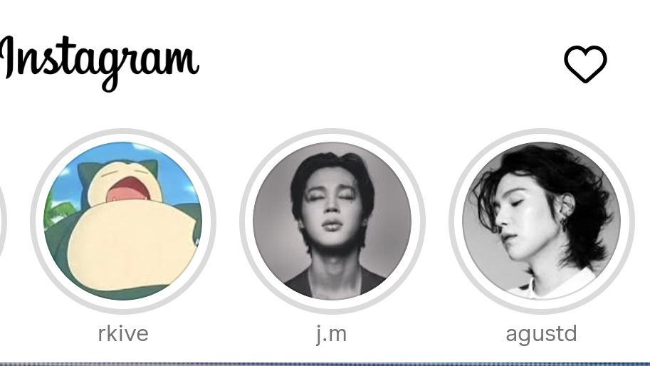 A fragment of an Instagram app with circles (showing recent stories, that I already saw) for accounts rkive, j.m and agustd. 