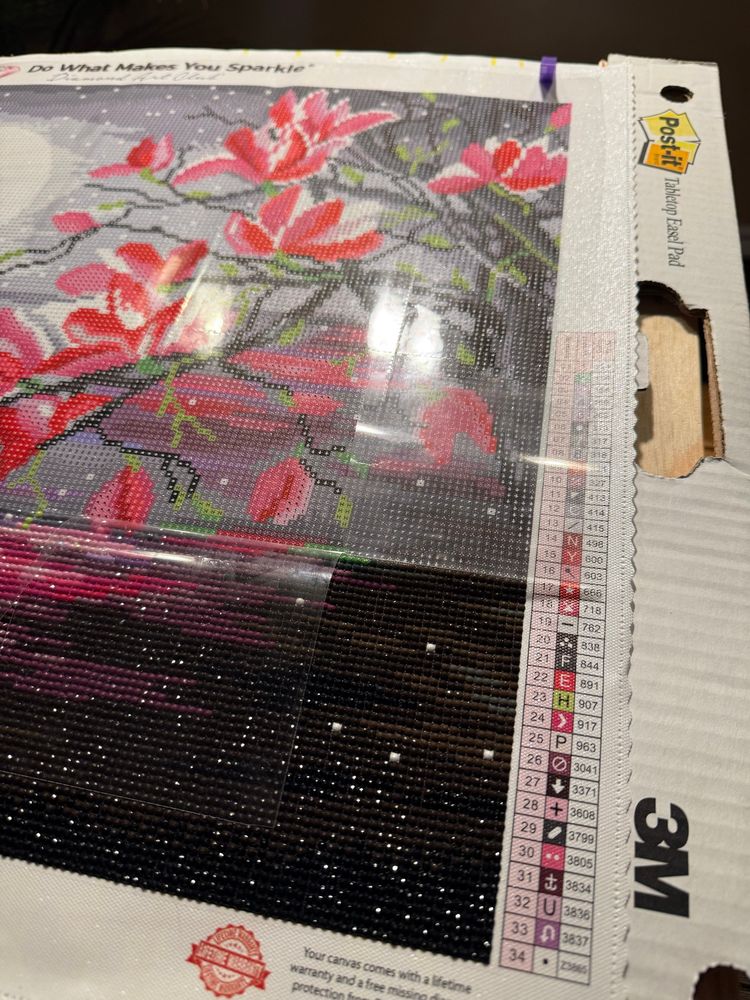 close up to the bottom right hand corner of a diamond painting. Mostly dark colors filled in. 