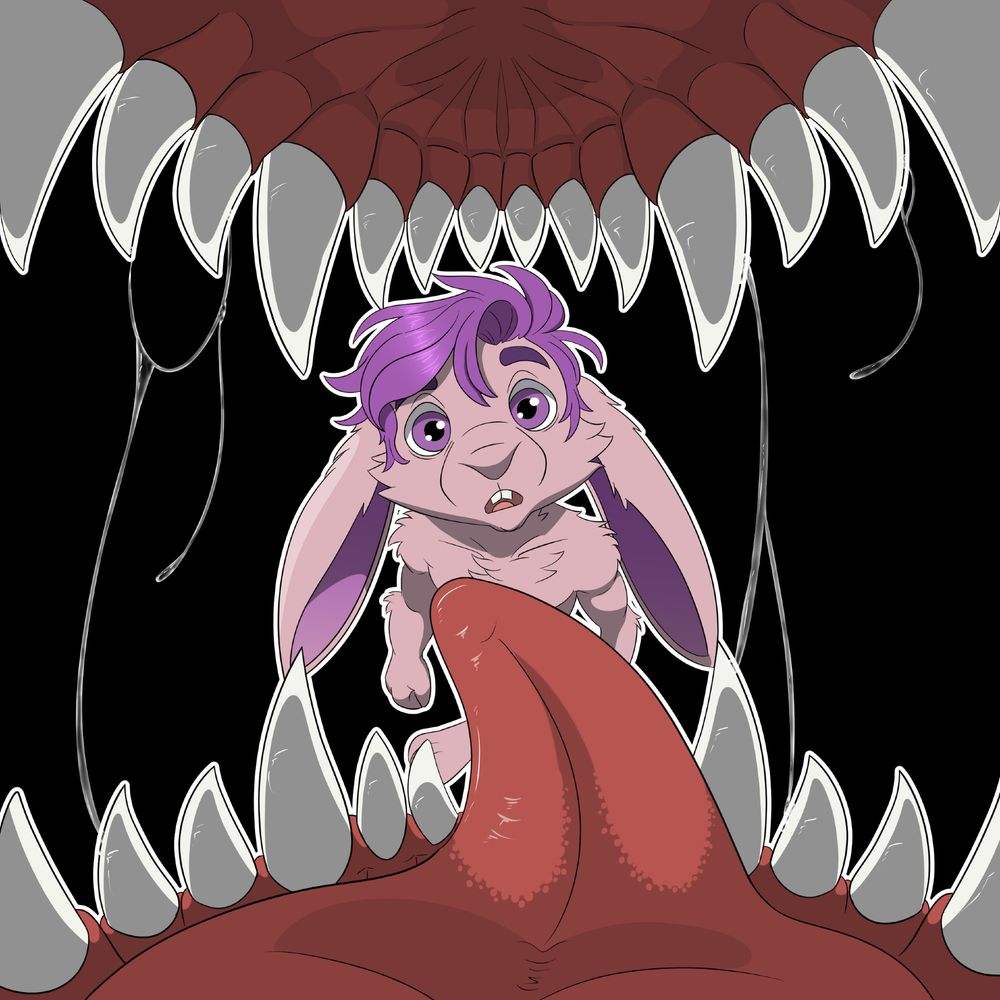 An anthropomorphic rabbit with pastel-pink fur and purple hair is shown from the perspective of a giant, open maw lined with sharp, white fangs. The rabbit wears a startled expression, as a large red tongue rises in the foreground. Saliva drips from the upper jaw, heightening the sense of a looming threat.