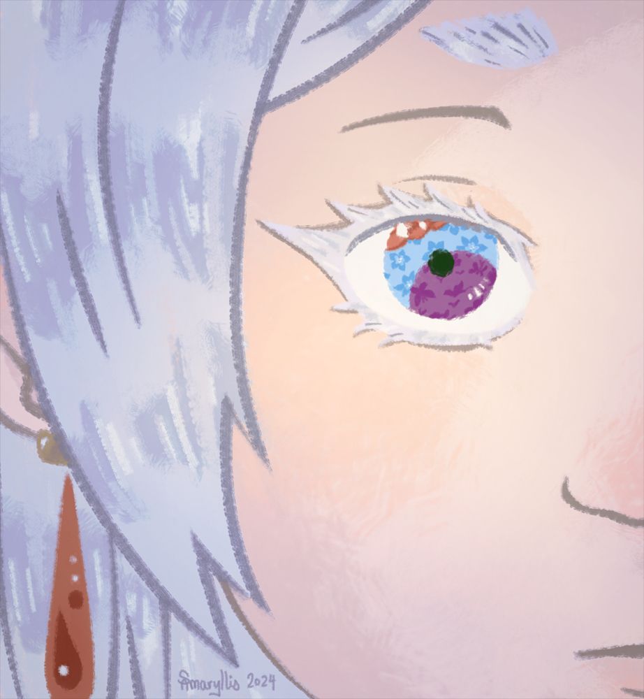 Digital drawing of the main character from the show Frieren: Beyond Journey's end. It's a close-up shot of half her face; her irises are split into a red braid, blue flowers, and purple butterflies. She is looking steadily at the viewer with a serious neutral expression.