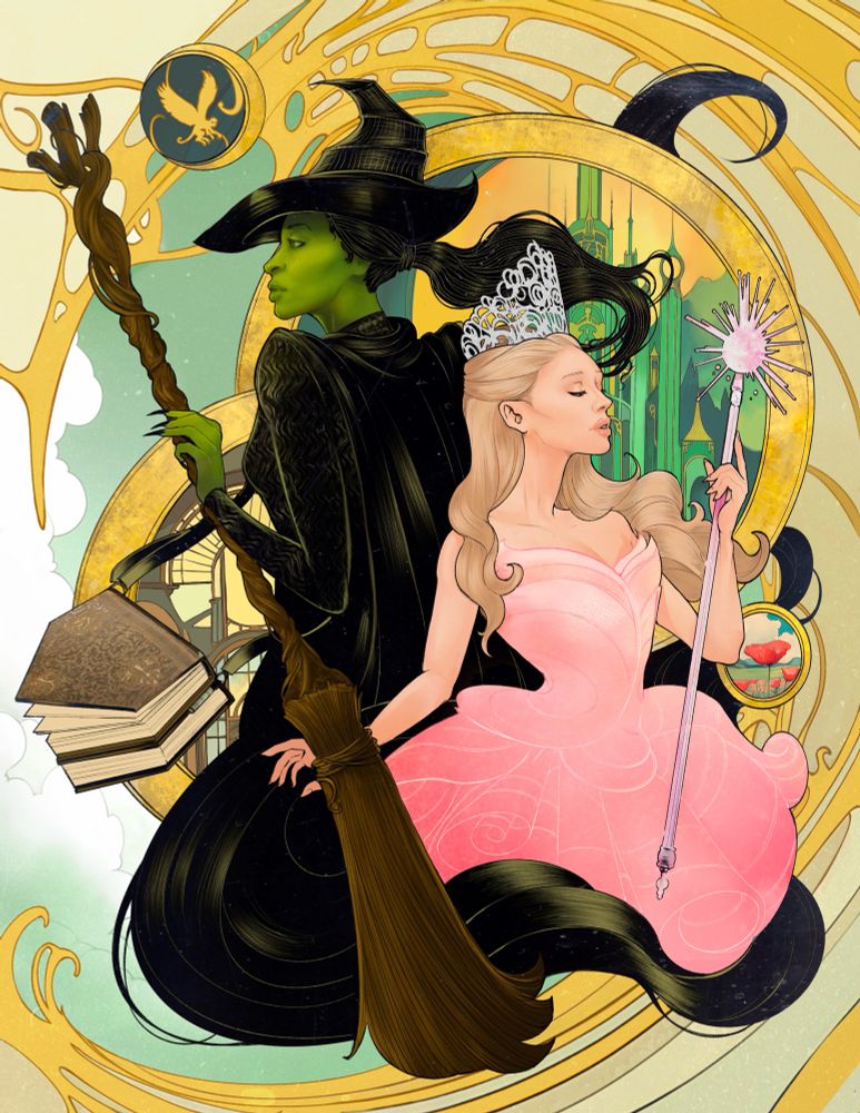 Wicked movie illustration featuring Cynthia Erivo and Ariana Granda as Elphaba and Glinda from the Wizard of Oz, in the style of Art Nouveau digital illustration 