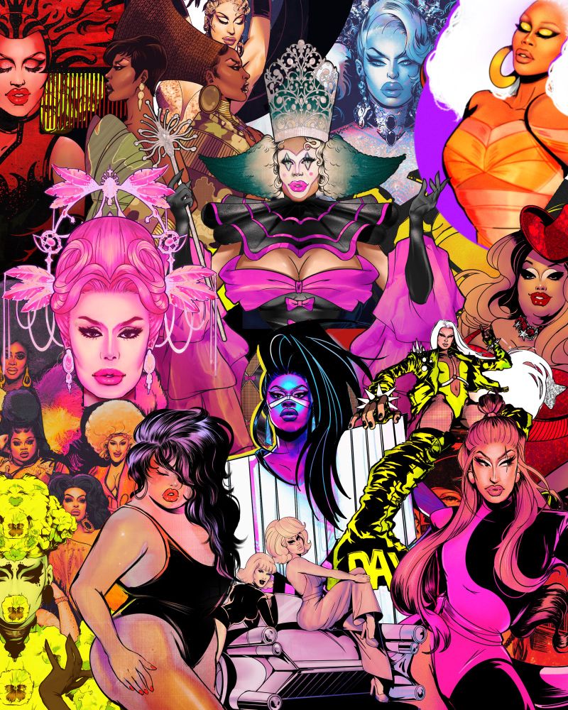 Collage of Rupaul’s Drag Race Contestants illustrated 