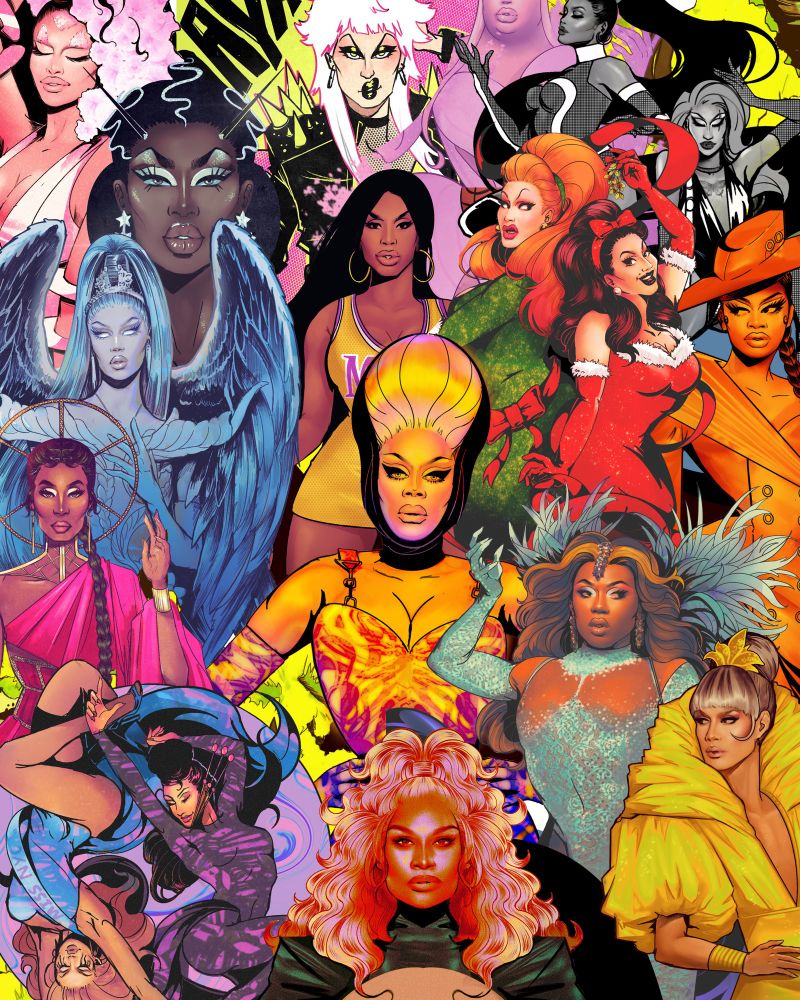 Collage of Rupaul’s Drag Race Contestants illustrated 
