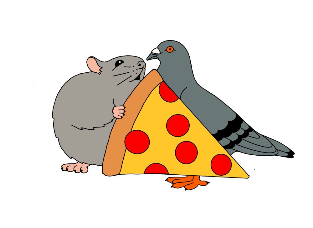 Cartoon style Illustration of a rat and a pigeon standing together. The rat is offering the pigeon a slice of pepperoni pizza. The rat looks hopeful and the pigeon looks surprised.