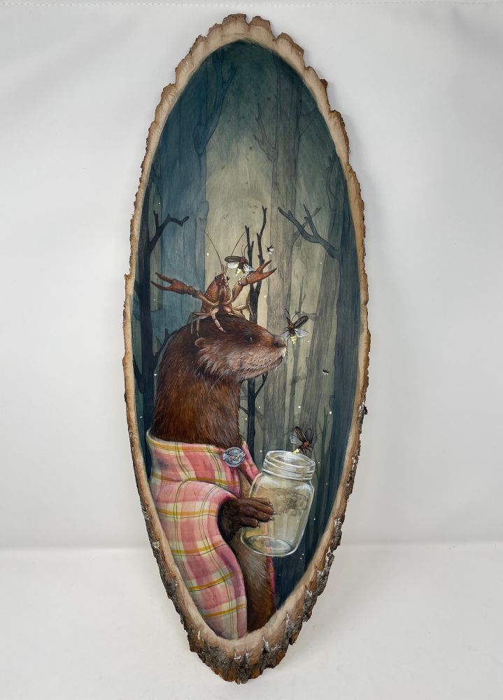 Painting on a long wood plaque sitting on a white background. The painting is in acrylic and color pencil and it is of an otter catching fireflies with his crayfish friend (who is sitting on his head) the otter is holding a glass jar and has a plaid wrap around his shoulders. They are in a dark woods with tall trees and fireflies flying around 