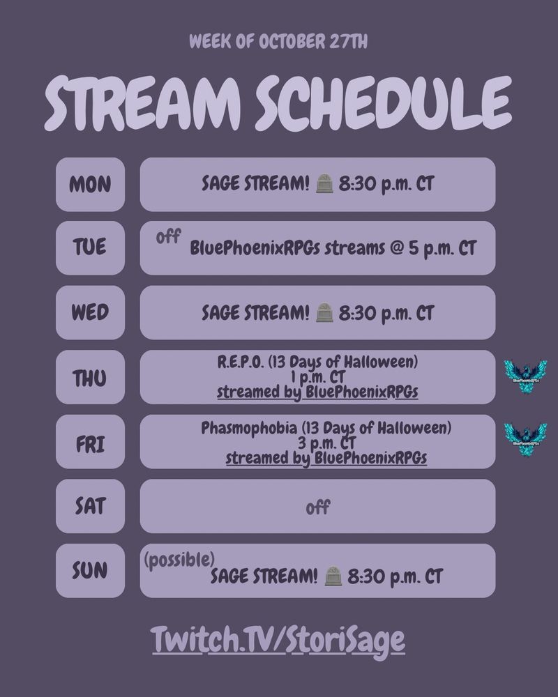 purple-themed stream schedule for the week of October 27th