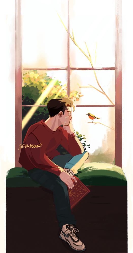 Digital art of Jason Todd from DC Comics during his robin era. He’s sitting by a window with a book in his hand and looking at a robin outside.