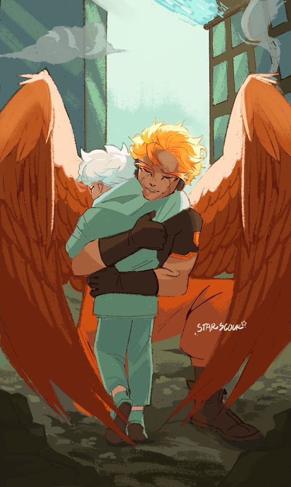 Digital art of Dabi and Hawks from My Hero Academia. Dabi / Touya is in his child form, with white hair and an all white outfit. Touya is seen from behind. Hawks is in his adult form, hugging him close with his wings folded to encase the both of them. Hawks is smiling in relief. There are smoking buildings in the background. 