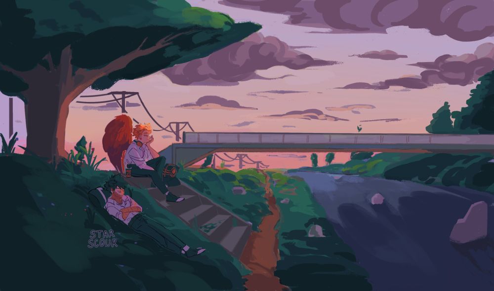 A digital painting of Hawks and Dabi from My Hero Academia as high school students. They're both on a grassy hill with a riverbank to the left. Hawks is sitting on a set of stairs. Dabi is laying down next to him. Hawks is tenderly looking down at Dabi. It is sunset. 