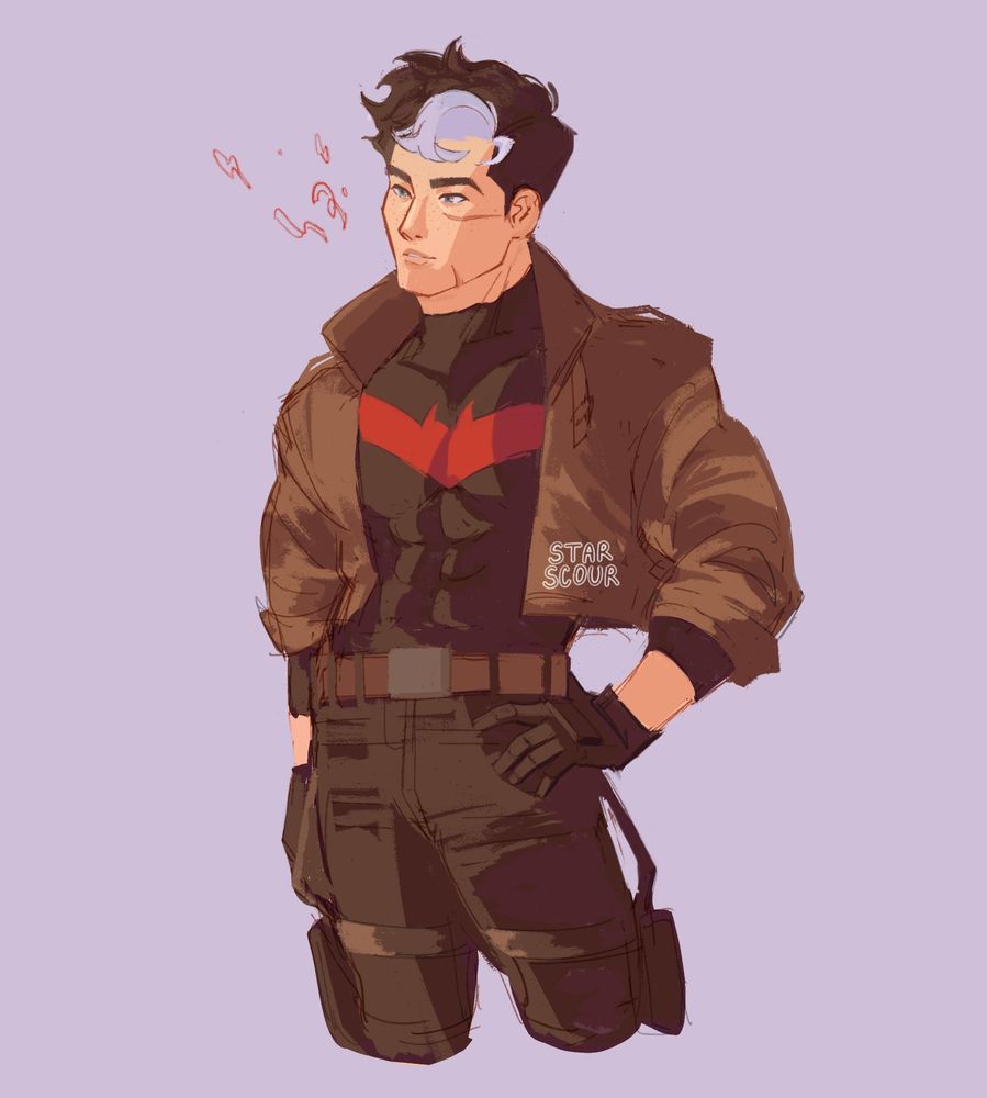 A digital drawing of Jason Todd / Red Hood from DC Comics. He's facing to the left and smiling. He has his left hand on his hip. The background is a light purple.