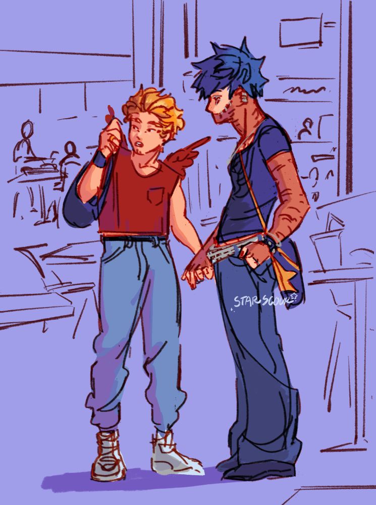 Digital art of Dabi and Hawks from My Hero Academia. Hawks is dressed in 80’s inspired clothing: a red cropped tank top and light blue jeans and sneakers. Dabi is in a 2000s grunge style with a tight purple shirt and bag, and loose baggy jeans. They’re stood in a mall food court holding hands. 
