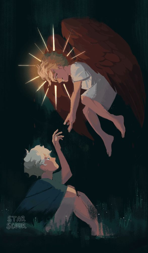 A digital painting of Hawks and Dabi from My Hero Academia as children in Greek inspired clothing. The background is a dark teal. Dabi is sitting on a patch of grass, looking up. He's reaching for Hawks' hand. Hawks is floating above him with a hand stretched out to Dabi. Hawks is smiling. 