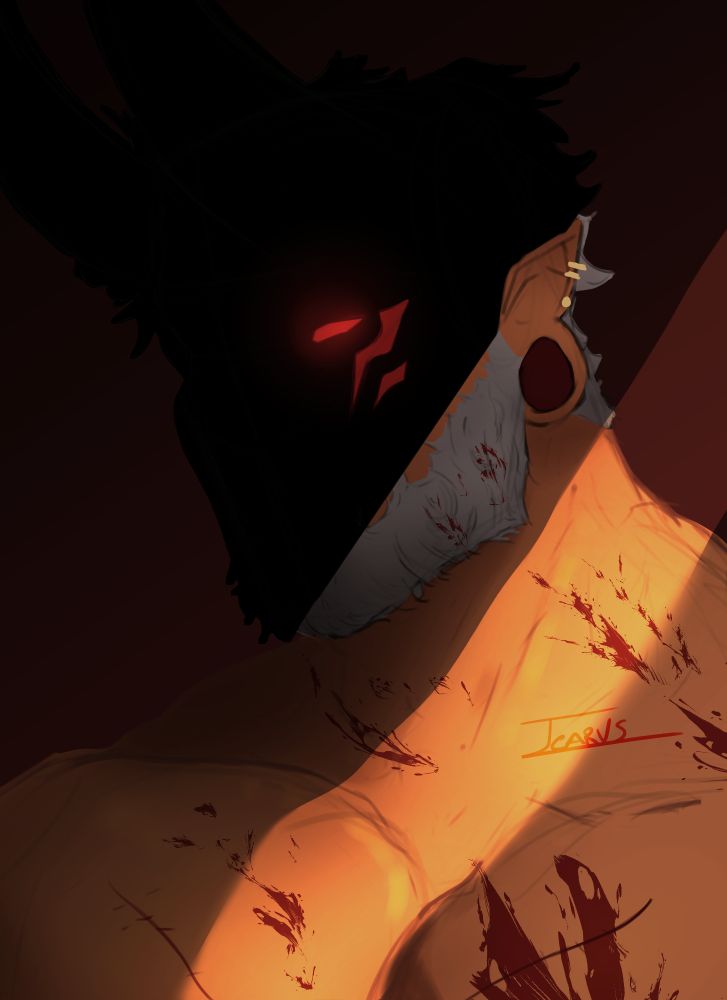 An image of Raiden, his face blacked out but his eye and marks glows in the darkness. His body is splattered with blood, and a single line of light shine on the whole piece.