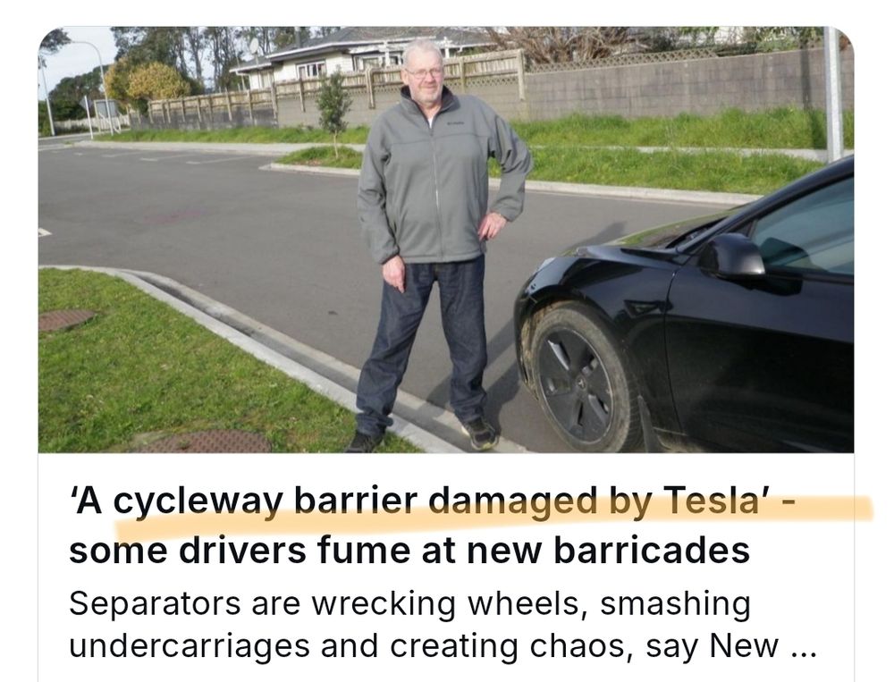 Screenshot of the article being discussed; headline reads "a cycleway barrier damaged by Tesla", which may have been intended to read "damaged *my* Tesla", but it's more correct in this form. Pictured, indignant Tesla driver who hit an inanimate object on the road, and complained about it to the media.