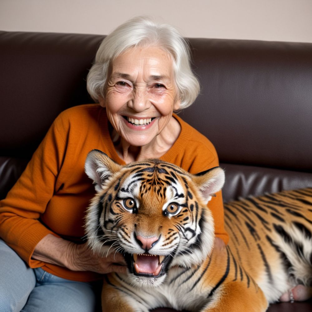 A happy elderly woman with a baby tiger on her lap on a comfortable sofa