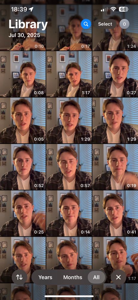 A screenshot of the photo gallery of videos of various lengths of Christina talking to camera. 