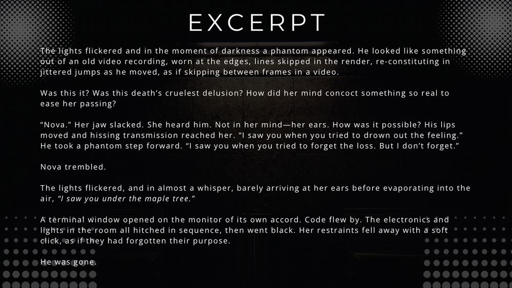 Slide titled “EXCERPT.” Features a scene in which Nova sees a phantom appear during a blackout—flickering like an old video file. He speaks to her, referencing past pain she tried to forget. The moment ends with a whisper: “I saw you under the maple tree.” A terminal window activates on its own and her restraints fall away. Tone is eerie, emotional, cinematic.