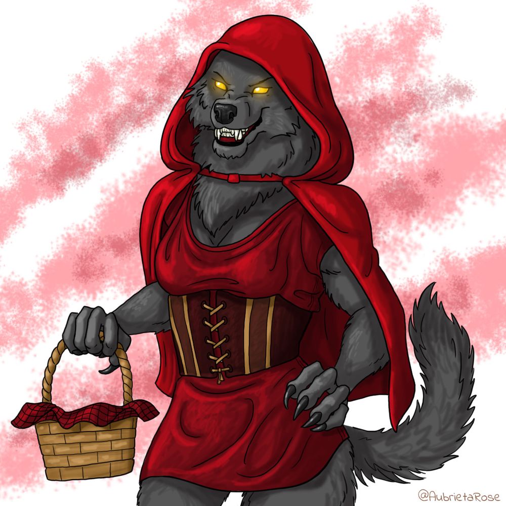 Cyri, a female werewolf with dark brown fur, wearing a revealing Little Red Riding Hood dress, cape, and hood, with a corset and a short skirt, carrying a basket.