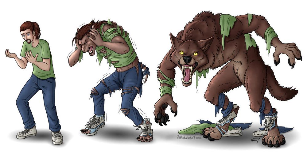 A three-part transformation sequence of a man in a green shirt and jeans changing into a large brown werewolf, his clothing ripping as he transforms.
