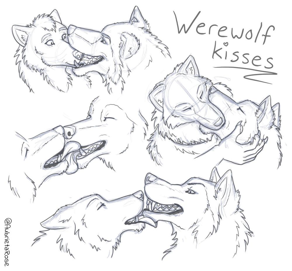 Sketches of four pairs of werewolves kissing. The first is Nash with his mouth wrapped around a surprised Cinder's muzzle, the second is an unnamed pair licking each other's muzzles, the third is Lucy and Jon locked in a deep French kiss, the fourth is Jon licking a grinning Cyri's chin.