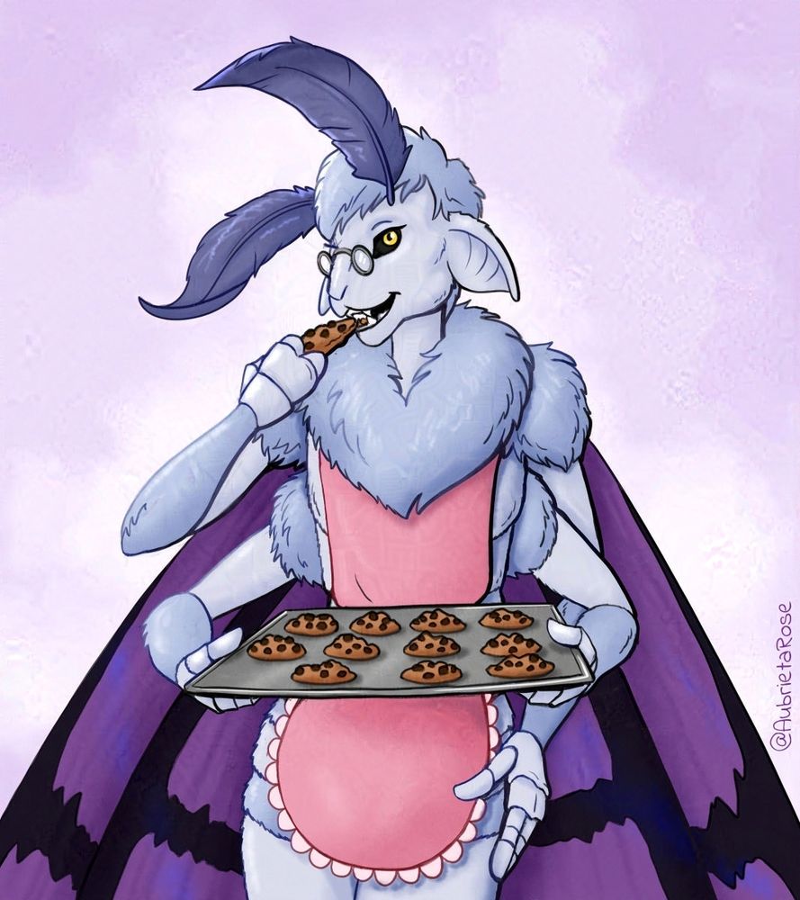 Aubie, a female anthro moth character with light grey fur, purple wings, four arms, and a mammalian face with small glasses, wearing a pink apron and holding out a tray of cookies with one set of hands, while taking a bite of another cookie herself.