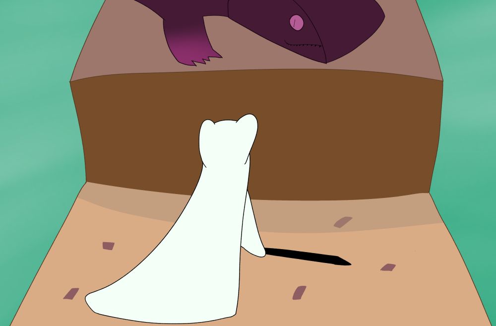 a slugcat looking up at a magenta salamander with its spear held ready to fight