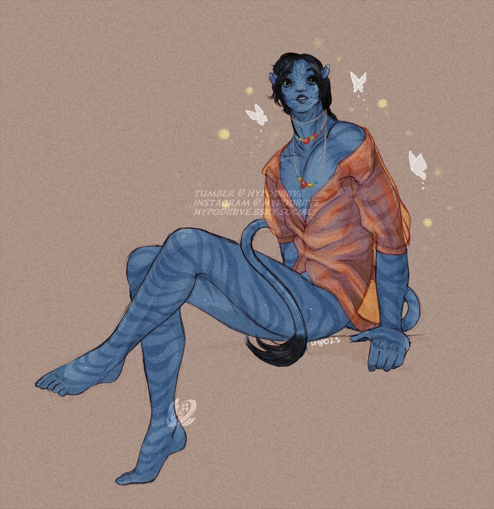 A full body sketch of a recombinant perched wearing a sheer orange shirt. He has deep emerald eyes, black hair, and a decorative chain hanging down his chest. White butterflies surround him. 