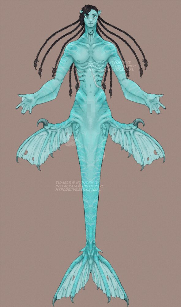 A symmetrical fullbody piece of a mermaid version of Hudson Teague - a recombinant OC. They have monstrous clawed fins, teal skin, and iridescent scales. They have gills/vents along the sides of their torso. It is roughly colored. 