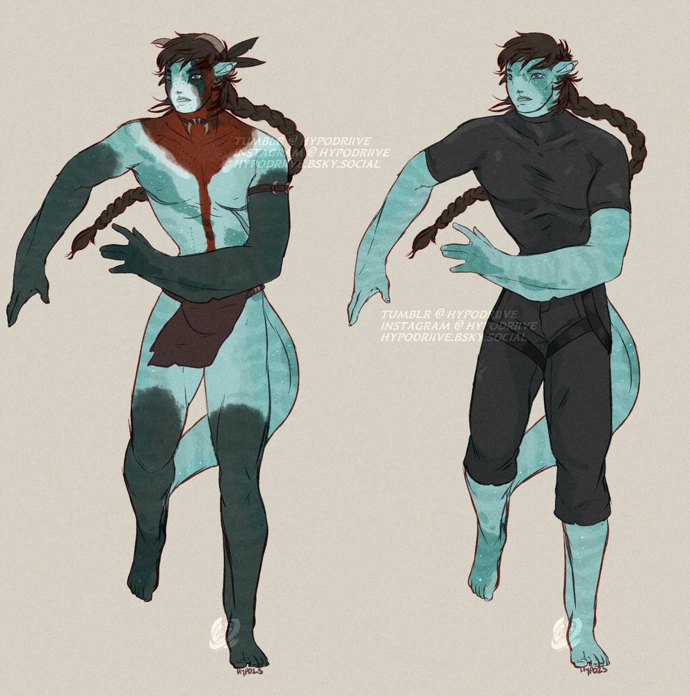 A sheet of two fullbody sketches, both of a reef recombinant in the same pose - running, but wearing two different outfits. The first sketch has the character adorned in Mangkwan gear, with white, black and red bodypaint - whereas the other has him within standard gear, a black shirt, pants and a military thigh harness. He has dark patches of discoloration across his skin. 