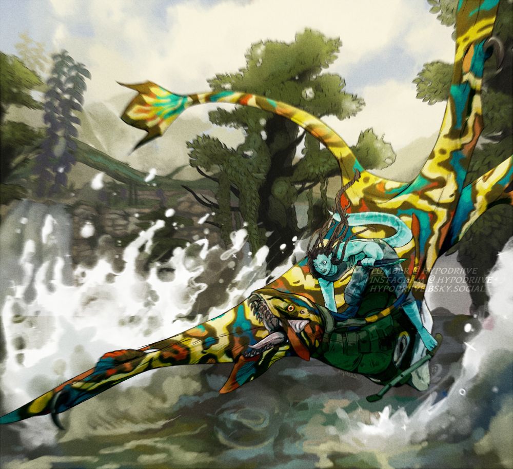 A reef recombinant soldier, Hudson Teague, flying low above water on the back of their Ikran. Notably, they do not ride with their kuru attached to their mounts. They hold a knife, and are perched as if they're ready to leap to another off screen. Teague has a snarling expression. 

Their ikran is marbled with golds and browns over blue and reds - its roaring mid flight as his rider prepares to dismount in an aerial attack. 

Behind them are waterfalls, obscured by the high and rapid splash of the water. 