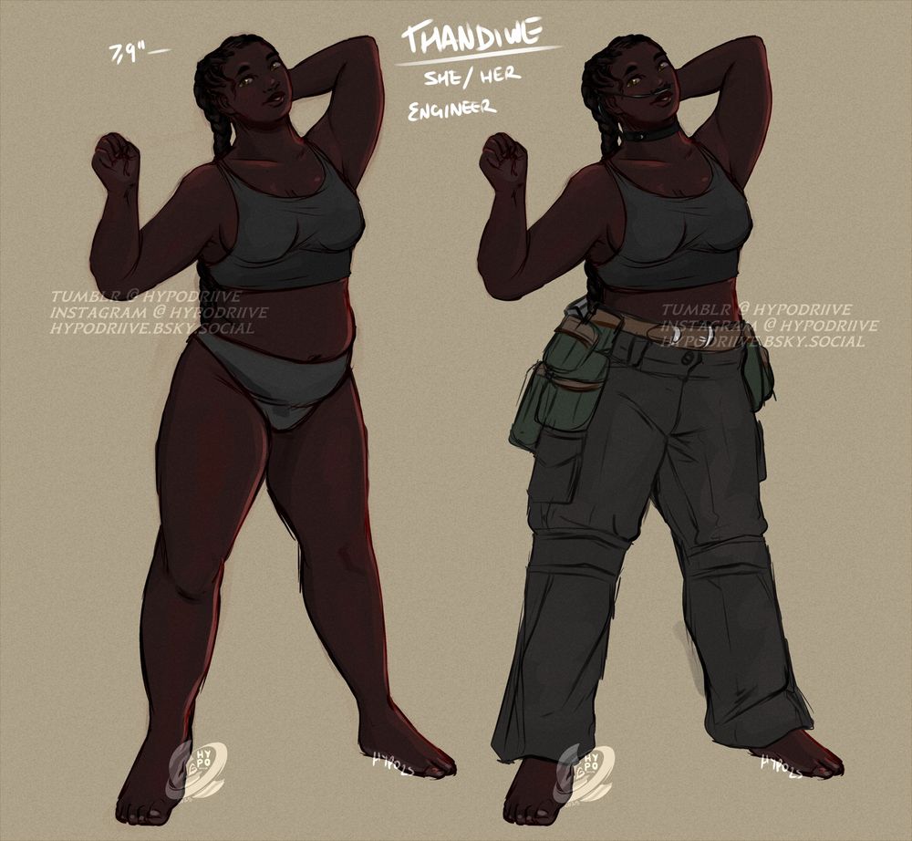 A sheet containing two rough fullbody sketches of a plus size black woman, the first is a shot of her in undergarments, whereas the other is in a rough concept of her work uniform. She wears neat protective braids, and is smiling towards the viewer. The text above her reads: "Thandiwe, she/her, engineer" and that she is 7ft and 9 inches tall. She is a Genmod, a type of modified human unique to Simulacra. 
