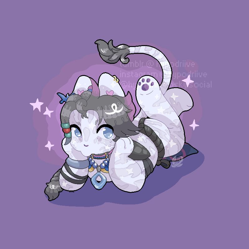 A stylized pixel chibi of a pale-skinned avatar OC, with grey hair that has pink and blue tips. They're wearing colorful beads and trinkets. 